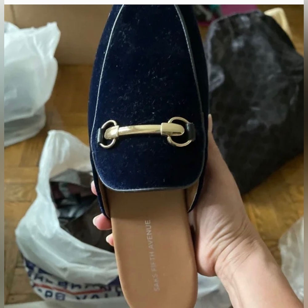 Blue suede slip on mules